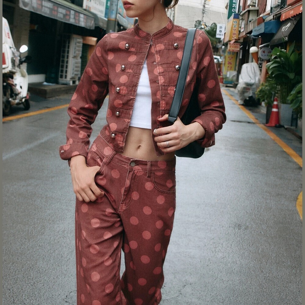 Rust Pink Polka Dot Denim Stand Collar Embellished Crop Jacket
